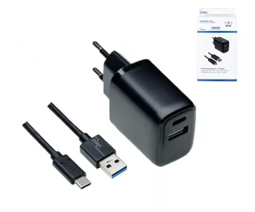 USB PD/QC 3.0 Ladeadapter inkl. A auf C Kabel 20W, 3,6V~5,9V/3A; 6~9V/2A; 9V~12V/1,5A